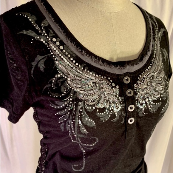 Miss Me Tops - Miss Me Edgy Lace and Sequin Short Sleeve Tee